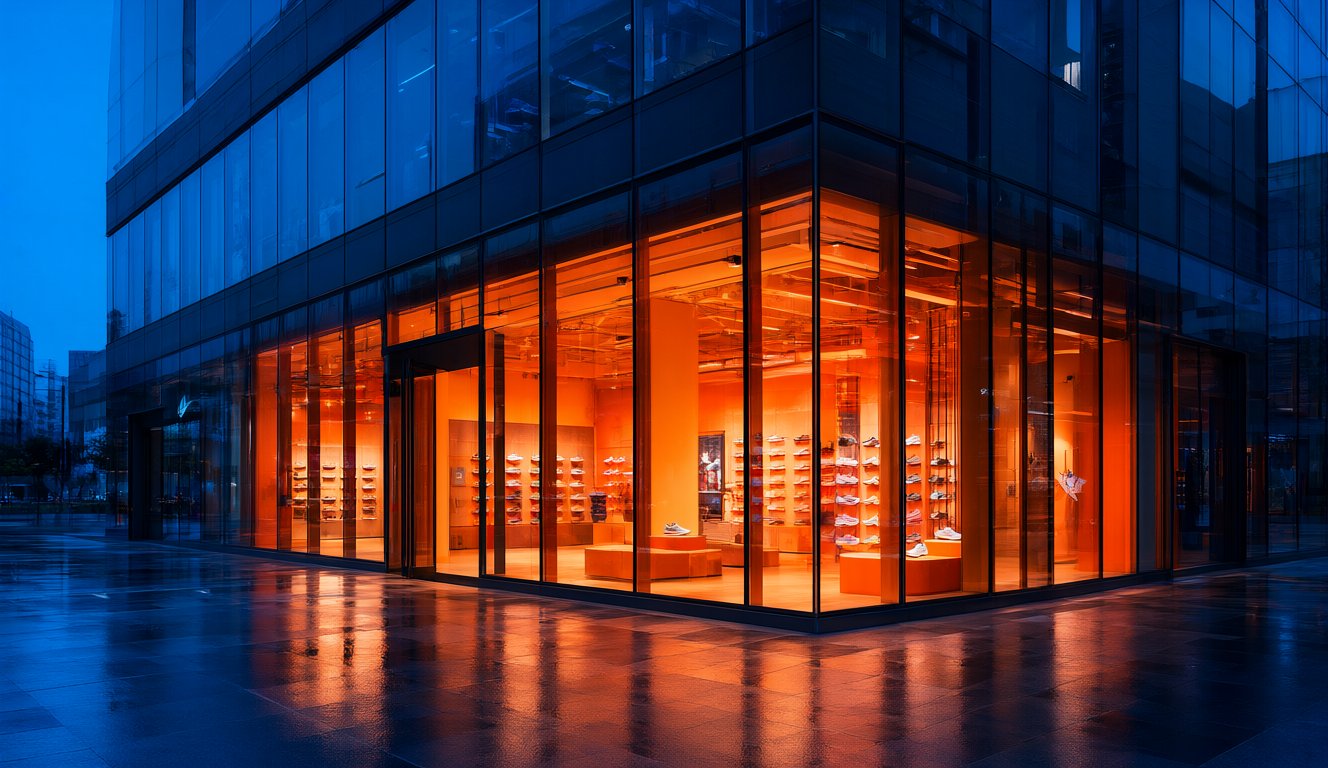 现代商业综合体运动品牌门店夜景